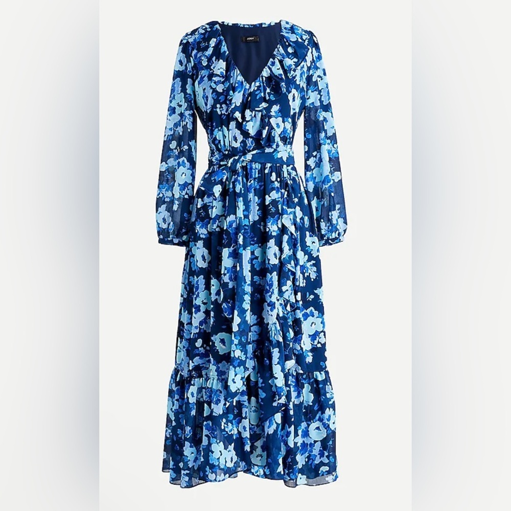J.Crew Women’s Long Sleeve Ruffle Blue Midi Faux Wrap Dress‎ Floral Watercolor 2